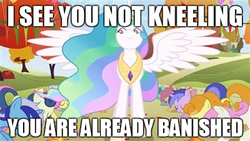 Size: 400x225 | Tagged: safe, edit, edited screencap, screencap, amethyst star, bon bon, carrot top, dizzy twister, golden harvest, minuette, orange swirl, parasol, princess celestia, sea swirl, seafoam, sparkler, spring melody, sprinkle medley, sunshower raindrops, sweetie drops, twinkleshine, alicorn, earth pony, pony, unicorn, fall weather friends, g4, female, horn, image macro, kneeling, mare, spread wings, tyrant celestia, wings