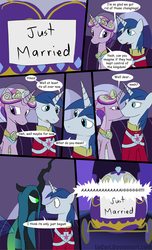 Size: 800x1315 | Tagged: safe, artist:loceri, queen chrysalis, shining armor, alicorn, changeling, changeling queen, pony, unicorn, a canterlot wedding, g4, bad end, clothes, comic, dialogue, disguise, disguised changeling, fake cadance, female, just married, kissing, male, mare, stallion