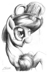 Size: 635x900 | Tagged: safe, artist:huussii, applejack, earth pony, pony, g4, balancing, cider, female, monochrome, pencil drawing, solo, traditional art
