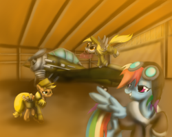 Size: 1280x1024 | Tagged: safe, artist:gunslingerpen, applejack, derpy hooves, rainbow dash, pegasus, pony, g4, dieselpunk, female, mare, plane