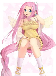 Size: 1275x1725 | Tagged: safe, artist:mw-magister, fluttershy, butterfly, human, g4, bracelet, breasts, busty fluttershy, clothes, colored pupils, curvy, cute, detached sleeves, dress, female, flowing hair, humanized, impossibly long hair, long hair, looking at you, open mouth, shyabetes, simple background, sitting, smiling, socks, solo, upskirt denied, white background, winged humanization, wings