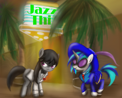 Size: 1280x1024 | Tagged: safe, artist:gunslingerpen, dj pon-3, octavia melody, vinyl scratch, g4, clothes, hat, suit