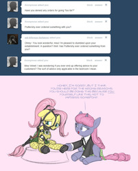 Size: 836x1038 | Tagged: safe, artist:carnifex, fluttershy, oc, oc:velvet, ask velvet, g4, ask, bit gag, bondage, gag