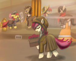 Size: 1500x1200 | Tagged: safe, artist:gunslingerpen, apple bloom, doctor whooves, roseluck, time turner, oc, earth pony, pony, g4, clothes, female, flower, hat, male, mare, newspaper, rose, stallion