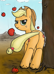 Size: 608x832 | Tagged: safe, artist:dennyhooves, applejack, earth pony, pony, g4, apple, applebucking, applebutt, butt, cloud, cowboy hat, dirt, dirty, female, hat, looking back, plot, smiling, solo, stetson, tree