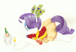 Size: 1100x753 | Tagged: safe, artist:foxxy-arts, rarity, pony, g4, sweet and elite, bedroom eyes, clothes, dress, feather, female, solo, stupid sexy rarity, traditional art, wine