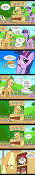 Size: 600x2968 | Tagged: safe, artist:flowersimh, applejack, twilight sparkle, gnome, pony, g4, apple, bipedal, bipedal leaning, comic, eye twitch, food, frown, gag, gravity falls, grin, jam, leaning, male, nervous, open mouth, raised eyebrow, smiling, tape gag, tourist trapped, waving, wide eyes, zap apple, zap apple jam