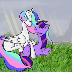 Size: 881x885 | Tagged: safe, artist:ieatedmeself, princess celestia, twilight sparkle, alicorn, pony, unicorn, g4, duo, female, horn, lesbian, ship:twilestia, shipping