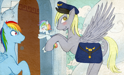 Size: 1000x612 | Tagged: safe, artist:tinuleaf, derpy hooves, rainbow dash, oc, oc:white whirl, pegasus, pony, g4, female, foal, hat, mailbag, mailpony, mare, offspring, parent:rainbow dash, parent:soarin', parents:soarindash, saddle bag, wavy mouth