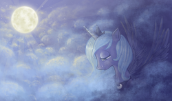 Size: 1782x1049 | Tagged: safe, artist:tinuleaf, princess luna, pony, g4, cloud, cloudy, crying, female, moon, night, s1 luna, sad, solo