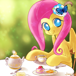 Size: 300x300 | Tagged: dead source, safe, artist:jiayi, fluttershy, pegasus, pony, g4, cottagecore, cute, female, happy, looking at you, mare, shyabetes, smiling, smiling at you, tea