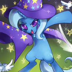 Size: 300x300 | Tagged: safe, artist:jiayi, trixie, bird, dove, pony, unicorn, g4, commissioner:the smiling pony, female, gradient background, mare, open mouth, open smile, smiling, stars