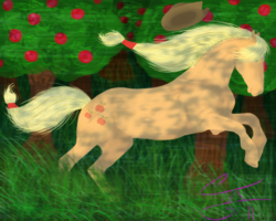 Size: 1280x1024 | Tagged: safe, artist:ameixkon, applejack, earth pony, pony, g4, apple, female, realistic, running, solo, tree