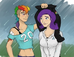 Size: 500x385 | Tagged: safe, artist:grandmaster-popo, rainbow dash, rarity, human, g4, blushing, covering, female, humanized, lesbian, rain, ship:raridash, shipping