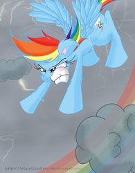 Size: 1700x2185 | Tagged: safe, artist:lolgirlization, rainbow dash, pegasus, pony, g4, female, flying, gritted teeth, lightning, mare, solo, stormcloud