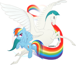 Size: 800x686 | Tagged: safe, artist:danilee3240, rainbow dash, horse, pegasus, pony, g4, butt, crack shipping, crossover, crossover shipping, duo, female, flying, greek mythology, hercules, male, mare, pegadash, pegasus (hercules), plot, rainbow trail, realistic anatomy, realistic horse legs, shipping, simple background, speed trail, spread wings, stallion, straight, transparent background, wings