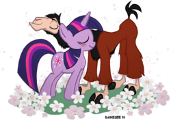 Size: 634x447 | Tagged: safe, artist:danilee3240, twilight sparkle, llama, pony, unicorn, g4, crack shipping, crossover, crossover shipping, duo, female, flower, kuzco, kuzlight, male, mare, nuzzling, shipping, simple background, straight, the emperor's new groove, transparent background, unicorn twilight