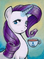 Size: 446x600 | Tagged: safe, artist:aokibengal, rarity, pony, g4, cup, female, looking at you, magic, raritea, smiling, solo, tea, telekinesis, traditional art