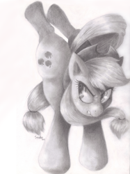 Size: 1700x2278 | Tagged: safe, artist:spindlesx, applejack, earth pony, pony, g4, female, kicking, monochrome, pencil drawing, solo, traditional art