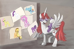 Size: 1024x683 | Tagged: safe, artist:gyrik22, applejack, fluttershy, pinkie pie, rainbow dash, rarity, twilight sparkle, oc, oc:fausticorn, alicorn, earth pony, pegasus, pony, unicorn, g4, alicorn oc, beard, blindfold, butt, horn, lauren faust, mane six, pin the tail on the pony, plot, tail, unicorn twilight, wings