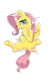 Size: 438x666 | Tagged: safe, artist:usappy-barkhaward, fluttershy, pegasus, pony, g4, barbie doll anatomy, blushing, female, hoof on chin, lying down, prone, solo