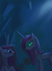 Size: 834x1134 | Tagged: source needed, safe, artist:grissaecrim, princess cadance, queen chrysalis, alicorn, changeling, pony, g4, disguise, disguised changeling, fake cadance