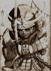 Size: 1700x2338 | Tagged: safe, artist:lordgood, rarity, semi-anthro, g4, armor, badass, costume, samurai, solo, sword, traditional art, weapon