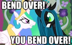 Size: 527x331 | Tagged: safe, edit, edited screencap, screencap, princess celestia, queen chrysalis, alicorn, changeling, changeling queen, pony, a canterlot wedding, g4, my little pony: friendship is magic, argument, bend over, female, image macro, lesbian, mare, meme, ship:chryslestia, shipping