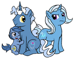 Size: 554x443 | Tagged: safe, artist:darlimondoll, archer (g4), pokey pierce, scootablue, trixie, earth pony, pony, unicorn, g4, female, filly, foal, headcanon, male, mare, siblings, simple background, sitting, stallion, white background