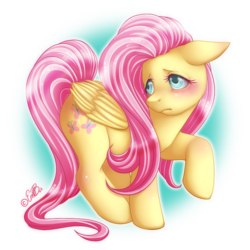 Size: 833x833 | Tagged: safe, artist:embbu-chan, fluttershy, pegasus, pony, g4, blushing, female, floppy ears, folded wings, looking away, mare, raised hoof, simple background, solo, standing, transparent background, turned head, wings