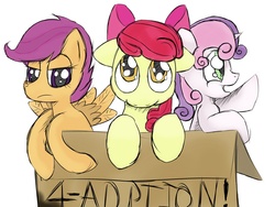 Size: 1400x1050 | Tagged: safe, artist:kryptchild, apple bloom, scootaloo, sweetie belle, earth pony, pegasus, pony, unicorn, g4, abandoned, box, cutie mark crusaders, looking at you, pony in a box, simple background, trio, white background
