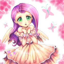 Size: 700x700 | Tagged: safe, artist:sukesha-ray, fluttershy, human, g4, blushing, clothes, dress, humanized, winged humanization