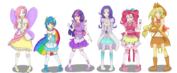 Size: 6000x2500 | Tagged: safe, artist:applestems, applejack, fluttershy, pinkie pie, rainbow dash, rarity, twilight sparkle, human, g4, clothes, costume, dress, evening gloves, humanized, line-up, magical girl, mary janes, miniskirt, poofy shoulders, simple background, skirt, socks, thigh highs, thigh socks, transparent background