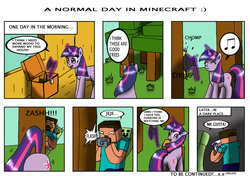 Size: 900x635 | Tagged: source needed, safe, artist:ciriliko, twilight sparkle, pony, unicorn, g4, axe, bomb, butt, camera, comic, creeper, herobrine, hilarious in hindsight, horn, me gusta, minecraft, music notes, plot, speech bubble, talking, tree, unicorn twilight, weapon