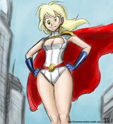 Size: 909x1000 | Tagged: safe, artist:johnjoseco, artist:michos, derpy hooves, human, g4, boob window, clothes, crossover, epic derpy, humanized, leotard, power girl, solo, wide hips