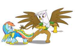 Size: 800x500 | Tagged: safe, artist:therecliner27, gilda, rainbow dash, griffon, pony, g4, duo, duo female, female, fight, mare, simple background, spread wings, white background, wings