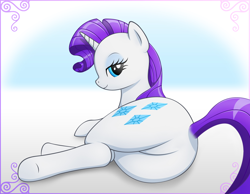 Size: 2602x2019 | Tagged: safe, artist:captainme93, artist:grispinne, edit, rarity, pony, unicorn, g4, butt, featureless crotch, female, high res, lidded eyes, lying down, mare, on side, plot, smiling, solo, underhoof