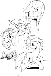 Size: 1321x1956 | Tagged: safe, artist:zev, fluttershy, princess celestia, trixie, twilight sparkle, g4, crying, grayscale, monochrome, rain, sad, wagon