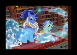 Size: 1500x1071 | Tagged: safe, artist:dembai, clover the clever, star swirl the bearded, pony, unicorn, windigo, g4, book, bookshelf, cape, clothes, duo, eyebrows, frown, glare, hat, illusion, library, magic, male, prone, raised hoof, sitting, sparkles, stallion, wizard hat
