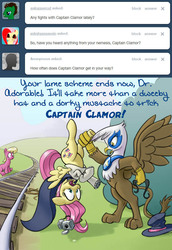 Size: 640x928 | Tagged: safe, artist:giantmosquito, fluttershy, gilda, lily, lily valley, earth pony, griffon, pegasus, pony, ask-dr-adorable, g4, ask, captain clamor, dastardly whiplash, dr adorable, female, mare, train tracks, tumblr, wide eyes