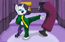 Size: 900x582 | Tagged: safe, artist:xenoshy, rarity, sweetie belle, pony, g4, bipedal, kung fu, martial artist rarity