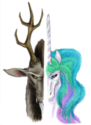 Size: 1700x2338 | Tagged: safe, artist:cobaltstratos, discord, princess celestia, alicorn, draconequus, pony, g4, duo, duo male and female, female, male, mare, simple background, transparent background