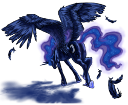 Size: 1432x1178 | Tagged: safe, artist:cobaltstratos, princess luna, alicorn, pony, g4, feather, female, mare, solo