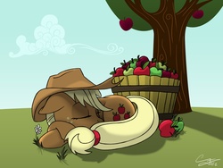 Size: 1200x900 | Tagged: safe, artist:psychodikdik, applejack, earth pony, pony, g4, apple, female, flower, food, sleeping, solo, tree