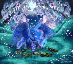 Size: 1500x1300 | Tagged: safe, artist:cobaltstratos, princess luna, pony, g4, eyes closed, female, flower, food, happy, prone, solo