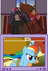 Size: 555x820 | Tagged: safe, applejack, rainbow dash, human, pony, g4, beauty and the beast, exploitable meme, frollo, gaston legume, meme, the frollo show, tv meme, videogame meme