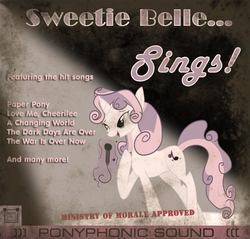Size: 785x750 | Tagged: safe, artist:fancycat2008, sweetie belle, pony, fallout equestria, g4, album cover, female, microphone, older, singing, solo