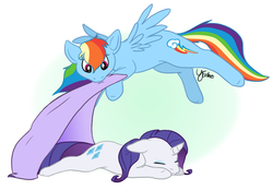 Size: 883x616 | Tagged: safe, artist:selective-yellow, rainbow dash, rarity, pegasus, pony, unicorn, g4, blanket, duo, female, flying, lesbian, lying down, mare, prone, ship:raridash, shipping, sleeping