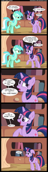 Size: 1013x3558 | Tagged: safe, artist:veggie55, lyra heartstrings, twilight sparkle, pony, unicorn, g4, artifact, book, bookshelf, comic, duo, fart joke, pull my finger, unicorn twilight