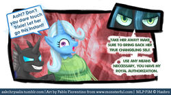 Size: 680x380 | Tagged: dead source, safe, artist:php13, queen chrysalis, trixie, changeling, changeling queen, g4, ask, askchrysalis, cocoon, female, tumblr